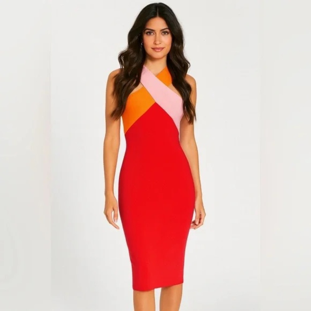 BCBG Red and Orange Sleeveless Midi Dress